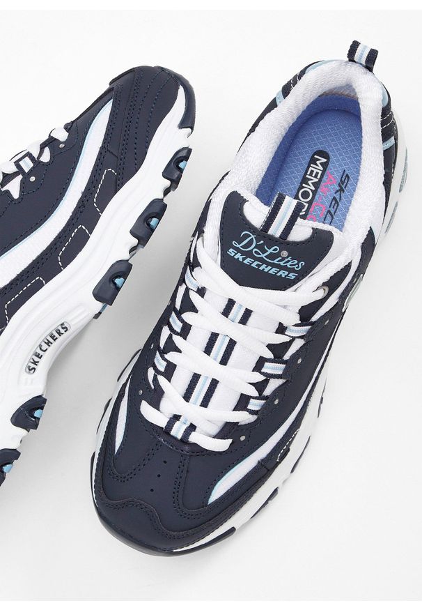 bonprix - Sneakersy chunky Skechers ze skóry. Kolor: niebieski. Materiał: skóra. Wzór: aplikacja