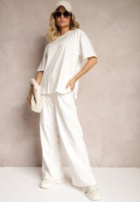 Renee - Biały Komplet z Bawełny Proste Szerokie Spodnie z Gumką w Pasie Bluzka z Rozcięciami Vimarases. Kolor: biały. Materiał: bawełna. Wzór: aplikacja #1