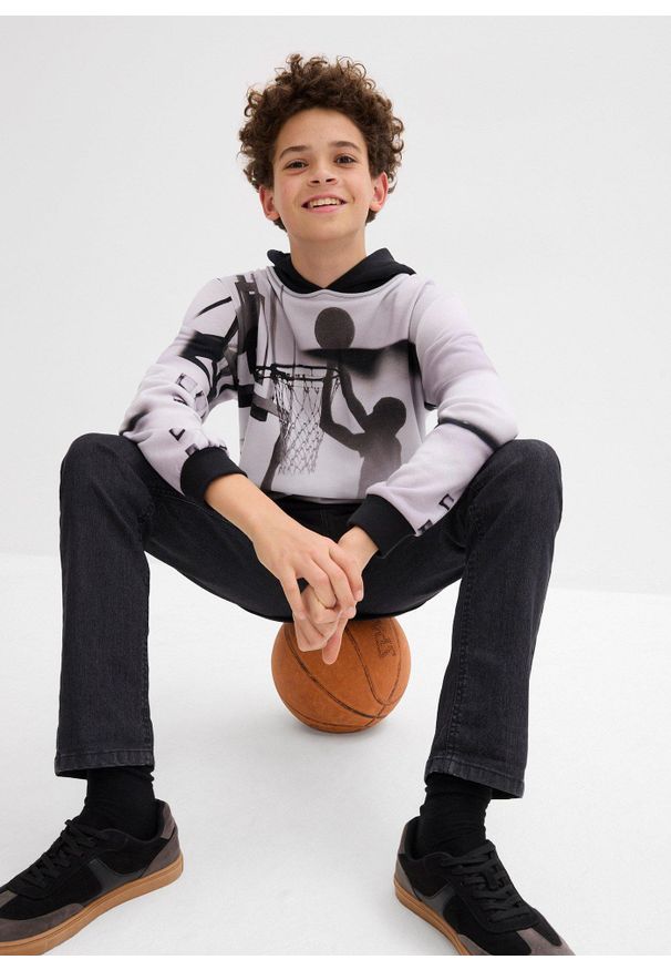 bonprix - Bluza z kapturem z miękkiej mieszanki bawełny. Typ kołnierza: kaptur. Kolor: szary. Materiał: bawełna. Styl: elegancki