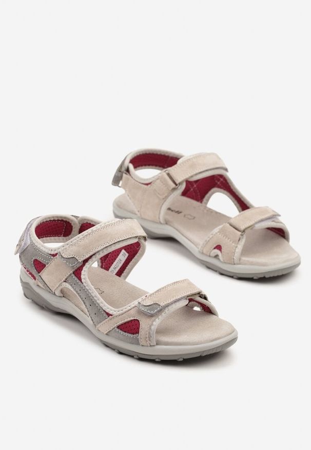 Born2be - Szare Skórzane Sandały Sportowy z Geometrycznym Wzorem Tellioris. Okazja: na spacer, na co dzień. Zapięcie: rzepy. Kolor: szary. Materiał: skóra. Wzór: geometria. Sezon: lato. Styl: sportowy