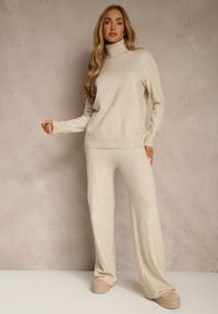Renee - Jasnobeżowy Komplet Dzianinowy z Wełną i Bawełną Szerokie Spodnie i Golf Lennria. Kolor: beżowy. Materiał: wełna, dzianina, bawełna #5