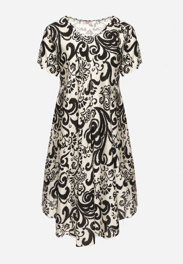 Born2be - Czarna Rozkloszowana Sukienka z Wiskozy z Geometrycznym Wzorem Emisova. Okazja: na co dzień. Kolor: czarny. Materiał: wiskoza. Długość rękawa: krótki rękaw. Wzór: geometria. Styl: casual, elegancki