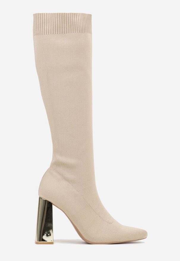 Born2be - Ciemnobeżowe Kozaki Vices na Metalicznym Słupku ze Skarpetkową Cholewką Tivitte. Zapięcie: bez zapięcia. Kolor: beżowy. Szerokość cholewki: normalna. Obcas: na słupku. Styl: klasyczny