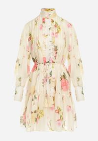 Born2be - Jasnobeżowa Kwiatowa Sukienka Midi z Guzikami i Plisowaniem Imma. Kolor: beżowy. Materiał: materiał, tkanina. Długość rękawa: na ramiączkach. Wzór: kwiaty. Sezon: wiosna, lato. Długość: midi #6