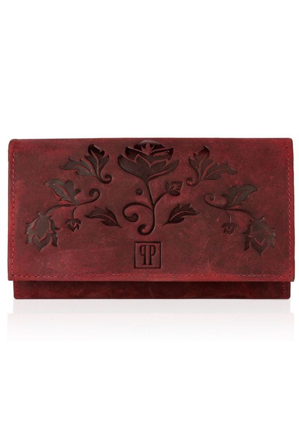 Portfel damski skórzany PAOLO PERUZZI czerwony T-44-RD. Kolor: czerwony. Materiał: skóra. Wzór: kwiaty