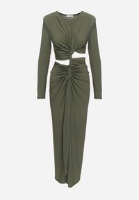 Born2be - Ciemnobeżowa Sukienka Koktajlowa Ozdobiona Wycięciem Marszczeniem w Talii i Rozcięciem na Nogę Ilizia. Okazja: na imprezę. Kolor: beżowy. Wzór: aplikacja. Typ sukienki: proste. Styl: wizytowy #3