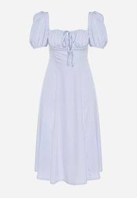 Born2be - Niebieska Sukienka w Rustykalnym Stylu z Wiązaniem przy Dekolcie i Rozcięciem Idanillea. Okazja: na spacer, na co dzień. Typ kołnierza: dekolt kwadratowy. Kolor: niebieski. Typ sukienki: rozkloszowane. Styl: casual #4