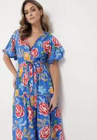 Born2be - Niebieska Sukienka Maxi z Gumką w Talii z Szerokimi Rękawami i Kwiatowym Printem Nodriala. Okazja: na imprezę. Kolor: niebieski. Wzór: nadruk, kwiaty. Sezon: lato. Długość: maxi #6
