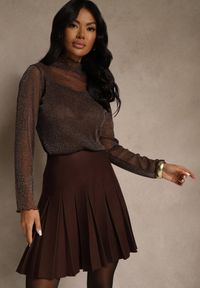 Renee - Brązowa Spódnica High Waist z Wiskozą Zdobiona Plisami Coroxera. Stan: podwyższony. Kolor: brązowy. Materiał: wiskoza. Wzór: aplikacja. Styl: elegancki #1