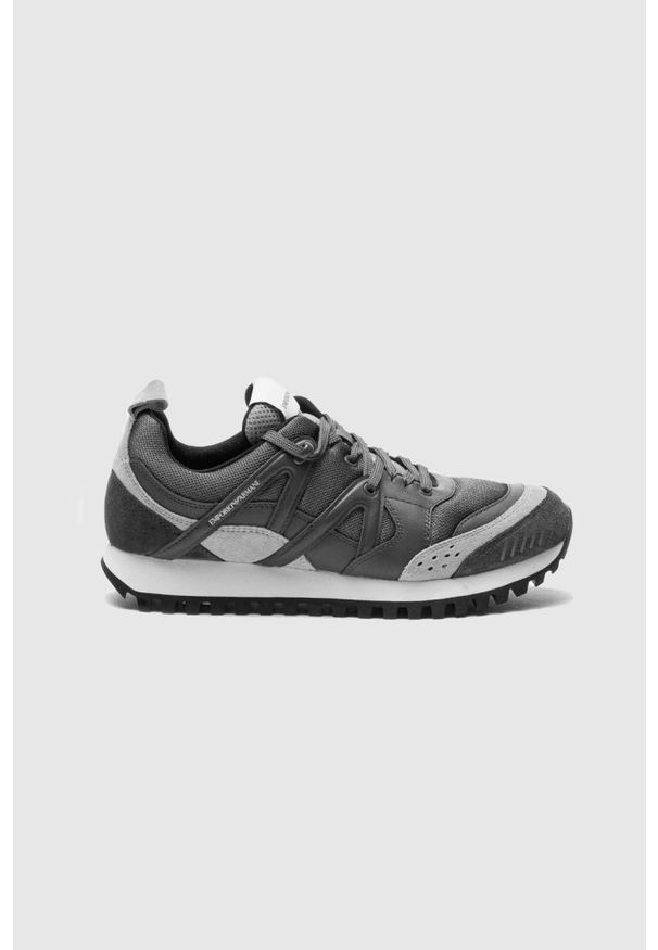 Emporio Armani - EMPORIO ARMANI Szara sneakersy męskie. Zapięcie: pasek. Kolor: szary. Materiał: zamsz, skóra, materiał. Szerokość cholewki: normalna. Wzór: paski