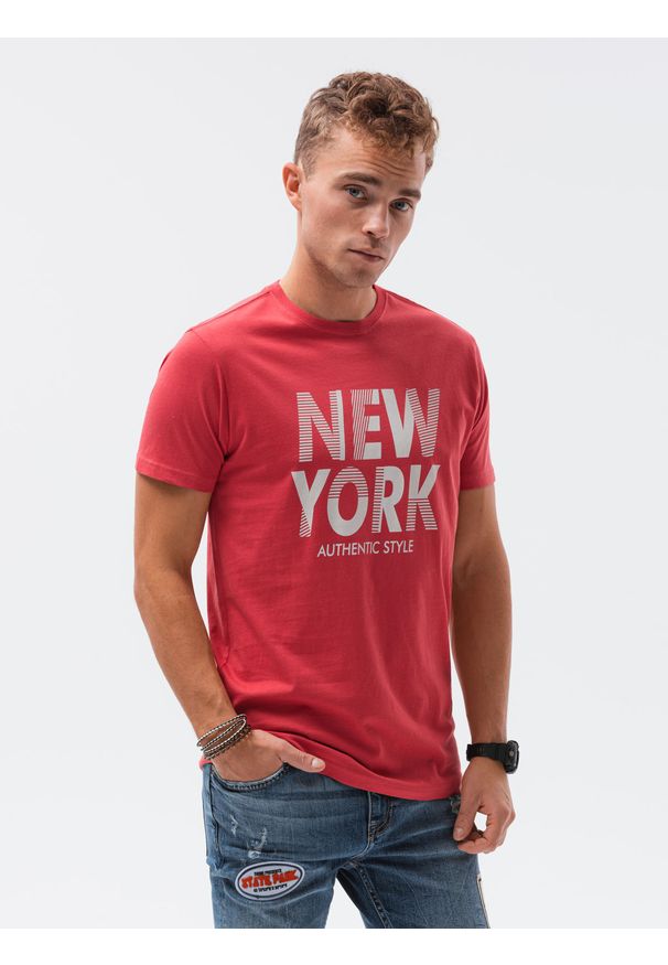Ombre Clothing - T-shirt męski z nadrukiem S1434 V-24D - czerwony - XXL. Kolor: czerwony. Materiał: bawełna. Wzór: nadruk