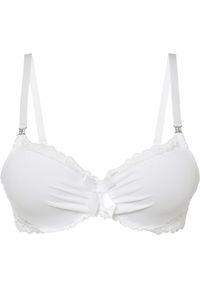 bonprix - Biustonosz z usztywnianymi miseczkami z poliamidu z recyklingu. Kolor: biały. Materiał: satyna, poliamid, koronka. Wzór: aplikacja, paski, koronka #1