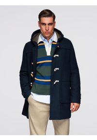 Ombre Clothing - Męski płaszcz z wełną i kapturem duffle coat – granatowy V2 - Rozmiar: XL. Okazja: na co dzień. Kolor: niebieski. Materiał: wełna. Sezon: jesień. Styl: klasyczny, casual, elegancki #1