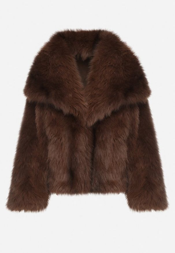 Born2be - Brązowa Oversizowa Kurtka Futerko z Szerokim Kołnierzem Lenelle. Okazja: na imprezę, na co dzień. Typ kołnierza: golf. Kolor: brązowy. Materiał: futro. Styl: casual, elegancki