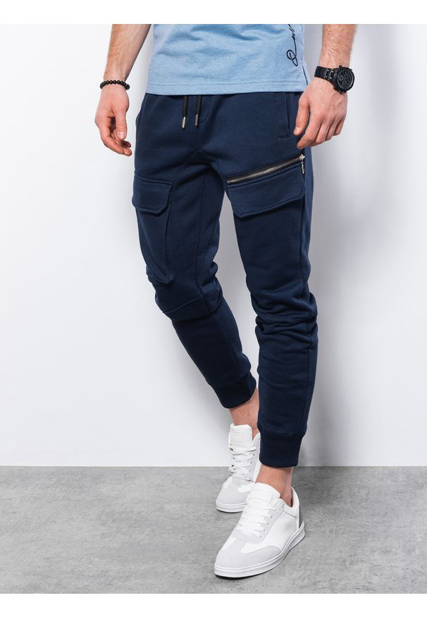 Ombre Clothing - Spodnie męskie dresowe joggery P905 - granatowe - XXL. Kolor: niebieski. Materiał: dresówka
