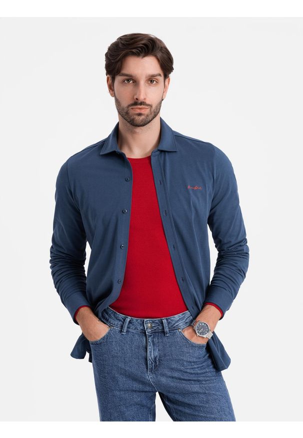 Ombre Clothing - Bawełniana męska koszula REGULAR z dzianiny single jersey - niebieska V1 - Rozmiar: S. Kolor: niebieski. Materiał: jersey, dzianina, bawełna. Wzór: haft, kolorowy