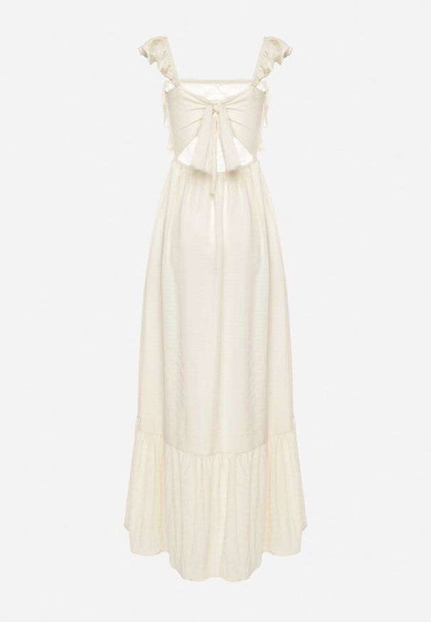 Born2be - Jasnobeżowa Sukienka na Ramiączkach z Falbankami i Gumką w Talii z Wiązaniem na Plecach Tiolla. Typ kołnierza: kołnierz z falbankami. Kolor: beżowy. Długość rękawa: na ramiączkach. Styl: wizytowy, klasyczny, elegancki