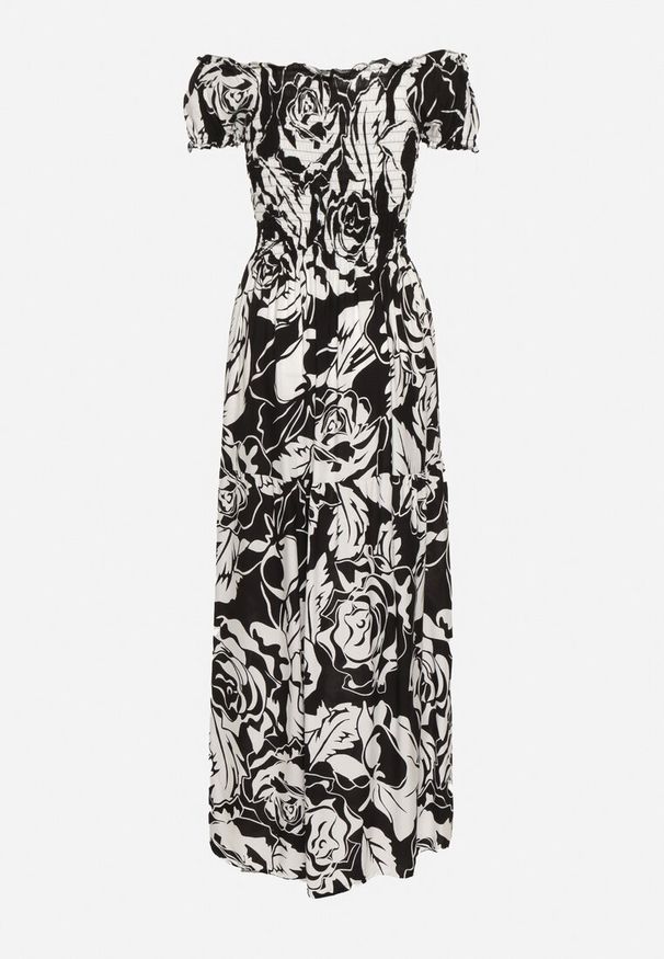 Born2be - Czarno-Biała Rozkloszowana Sukienka z Wiskozy Typu Hiszpanka z Marszczonym Dekoltem Daleri. Typ kołnierza: dekolt hiszpanka. Kolor: czarny. Materiał: wiskoza. Długość rękawa: krótki rękaw. Wzór: kwiaty. Sezon: lato. Styl: klasyczny, elegancki