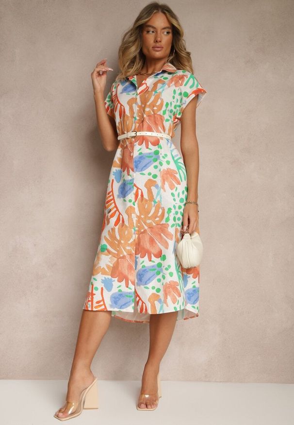 Renee - Beżowa Koszulowa Sukienka z Bawełny z Kieszeniami Seddie. Okazja: na co dzień. Typ kołnierza: dekolt w serek. Kolor: beżowy. Materiał: bawełna. Długość rękawa: krótki rękaw. Typ sukienki: koszulowe. Styl: casual, klasyczny