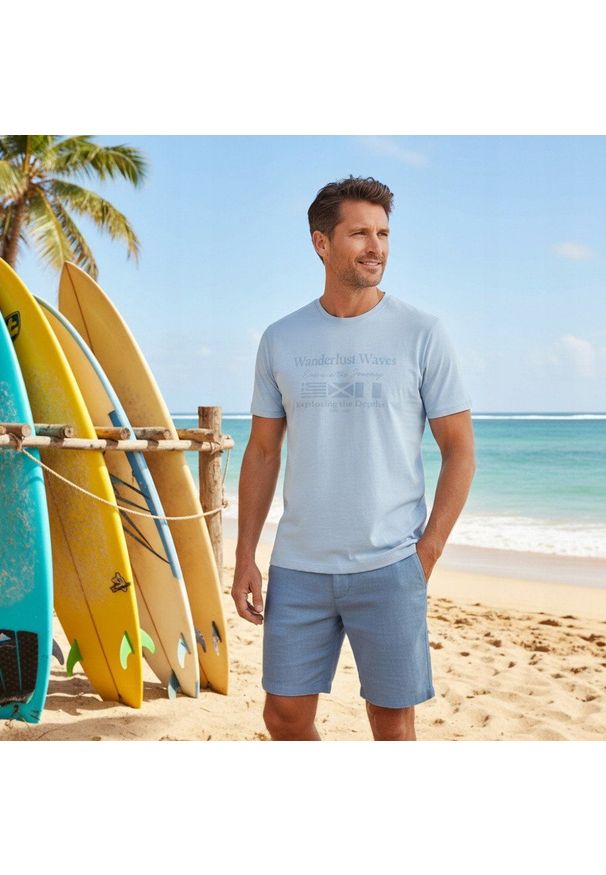 Męska Koszulka (T-Shirt) - Pako Jeans - Błękitna z Nadrukiem. Okazja: na co dzień. Kolor: niebieski. Materiał: bawełna. Wzór: nadruk. Styl: casual