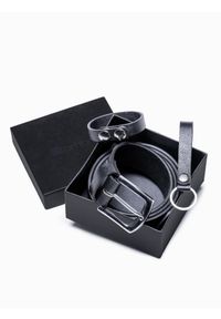 Ombre Clothing - Zestaw męskich akcesoriów skórzanych pasek breloczek bransoletka - czarny V1. Kolor: czarny. Materiał: skóra #1