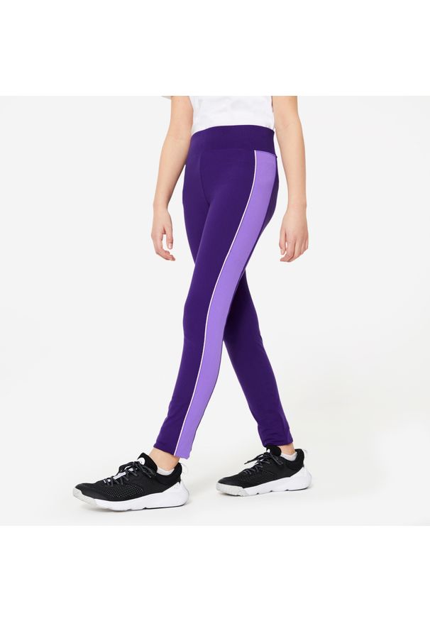 DOMYOS - Legginsy dziecięce Domyos. Stan: podwyższony. Kolor: fioletowy. Materiał: materiał, poliester, elastan