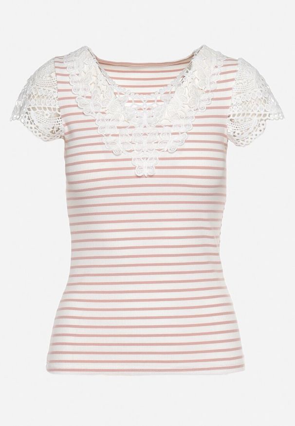 Born2be - Różowo-Beżowy T-shirt z Bawełny z Koronką przy Dekolcie i Rękawach Alilama. Okazja: na randkę. Typ kołnierza: dekolt w kształcie V. Kolor: różowy. Materiał: bawełna, koronka. Długość rękawa: krótki rękaw. Długość: krótkie. Wzór: koronka. Styl: klasyczny