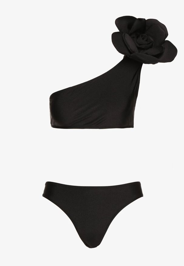 Born2be - Czarne 2-Częściowe Bikini Stanik na Jedno Ramię z Aplikacją Kwiatka 3D i Majtki Figi Simelba. Kolor: czarny. Wzór: aplikacja, kwiaty