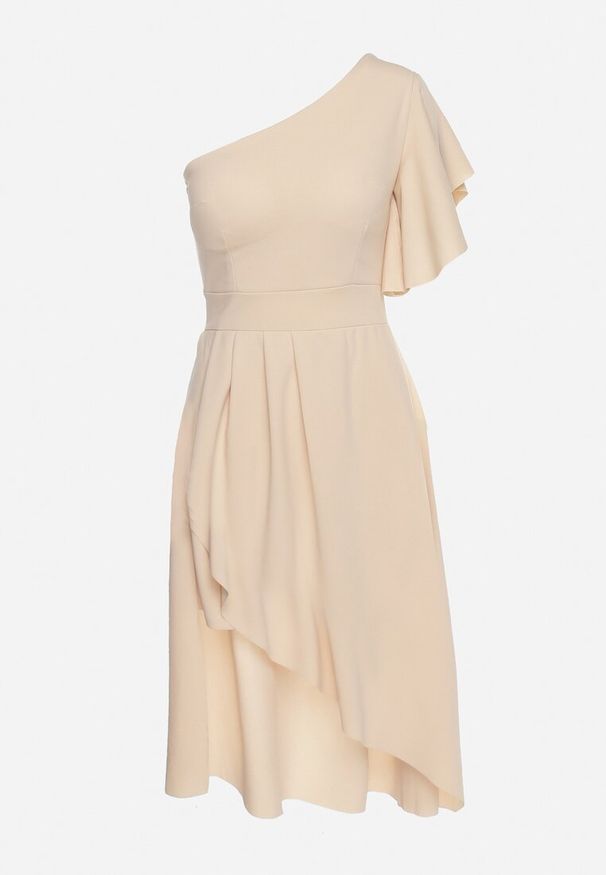 Born2be - Beżowa Koktajlowa Sukienka Asymetryczna na Jedno Ramię z Falbankami Vimilora. Typ kołnierza: kołnierz z falbankami. Kolor: beżowy. Materiał: materiał. Typ sukienki: asymetryczne. Styl: wizytowy