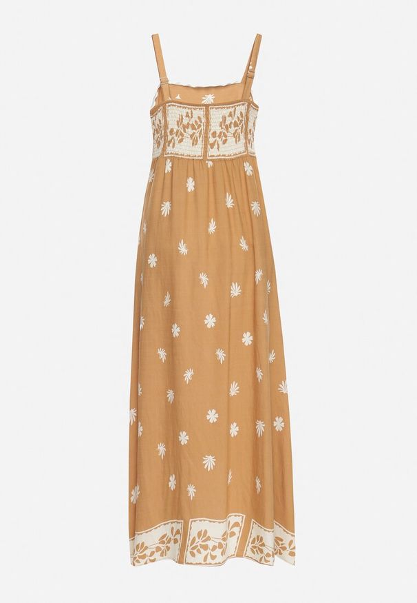 Born2be - Brązowa Wiskozowa Sukienka z Geometrycznym Wzorem Lenirisa. Okazja: na co dzień. Kolor: brązowy. Materiał: wiskoza. Długość rękawa: na ramiączkach. Wzór: geometria. Typ sukienki: proste. Styl: casual, elegancki, klasyczny