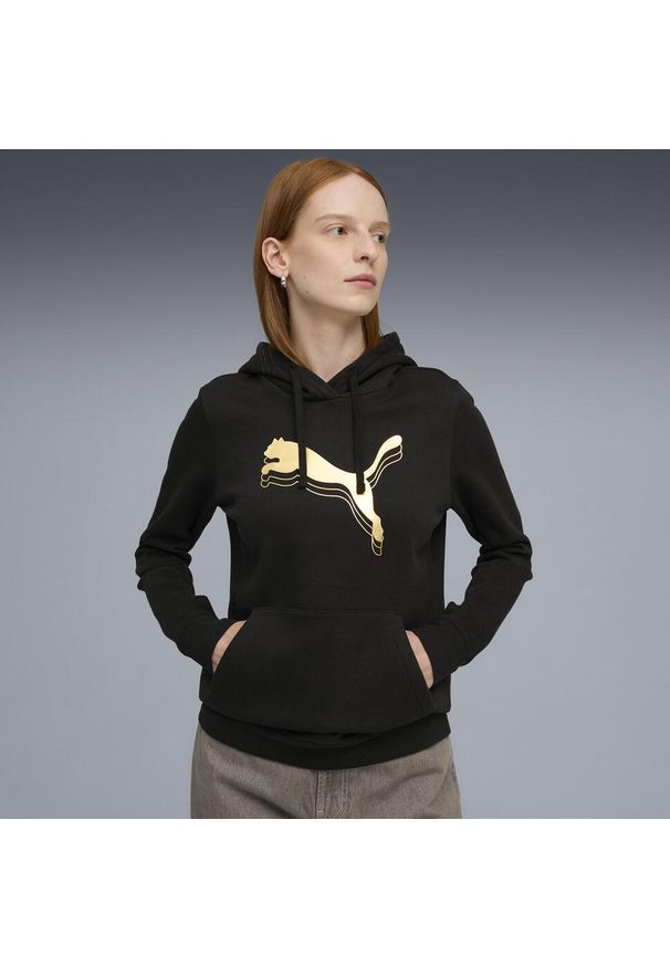 Puma - Damska bluza z kapturem ESS METALLIC PUMA. Typ kołnierza: kaptur. Kolor: czarny. Materiał: prążkowany. Wzór: nadruk. Sport: bieganie