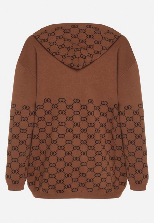 Born2be - Brązowy Kardigan na Suwak z Kapturem i Geometrycznym Motywem Lunetusa. Okazja: na co dzień. Typ kołnierza: kaptur. Kolor: brązowy. Materiał: jeans. Wzór: geometria. Styl: casual, elegancki