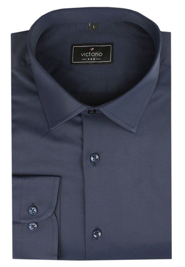 Victorio - Elegancka Męska Koszula - VICTORIO - Granatowa - Regular. Okazja: na co dzień. Kolor: niebieski. Materiał: bawełna, poliester, elastan. Długość rękawa: długi rękaw. Długość: długie. Styl: elegancki
