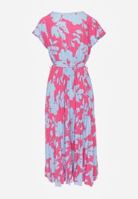 Renee - Różowo-Niebieska Kopertowa Plisowana Sukienka Koktajlowa z Gumką i Paskiem w Talii Benelsea. Typ kołnierza: dekolt w kształcie V. Kolor: różowy. Materiał: materiał. Typ sukienki: kopertowe. Styl: wizytowy #6