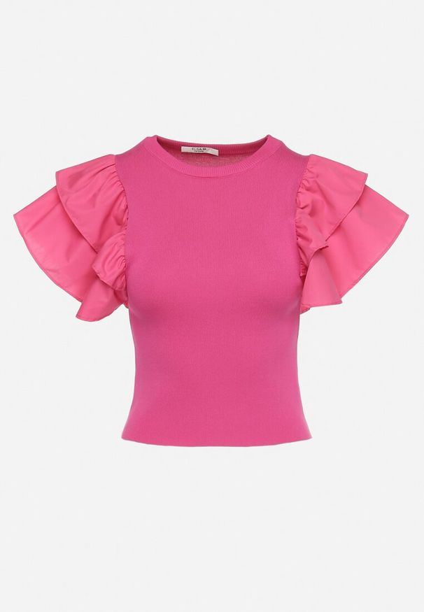 Born2be - Fuksjowa Bluzka z Prążkowanej Dzianiny i Falbankami Obessa. Typ kołnierza: kołnierz z falbankami. Kolor: różowy. Materiał: dzianina, prążkowany. Styl: elegancki