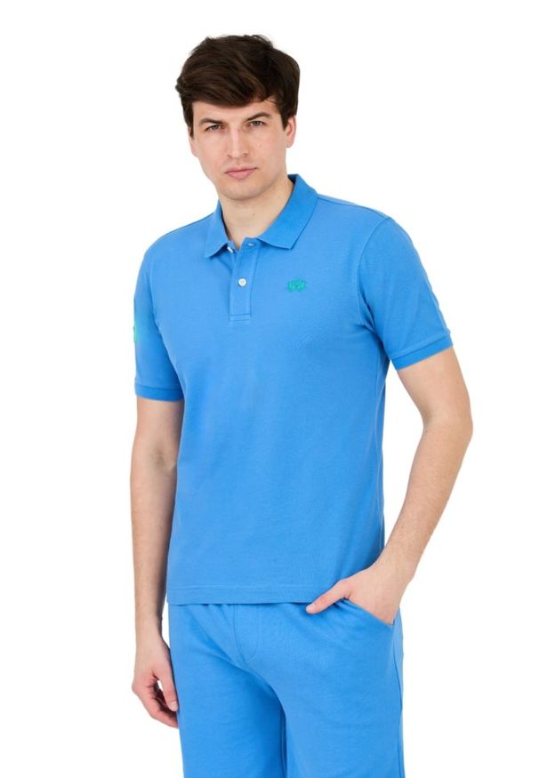 La Martina - LA MARTINA Niebieskie męskie polo z małym zielonym logo, Rozmiar XL. Typ kołnierza: polo. Kolor: niebieski