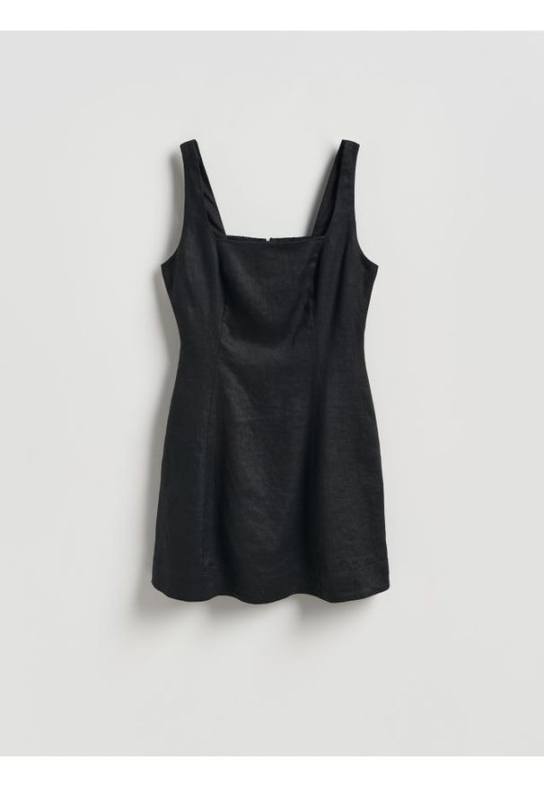 Reserved - Lniana sukienka mini - czarny. Kolor: czarny. Materiał: len. Długość: mini