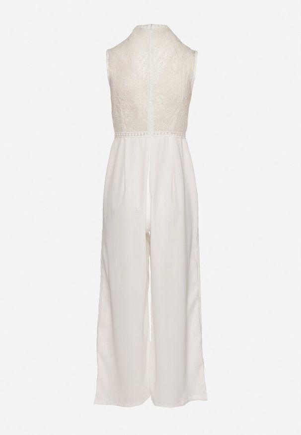 Born2be - Biały Kombinezon Bez Rękawów z Szeroką Nogawką i Siateczkowymi Zdobieniami Nalavie. Okazja: na imprezę, na co dzień. Kolor: biały. Materiał: skóra. Długość rękawa: bez rękawów. Wzór: aplikacja. Styl: elegancki, casual