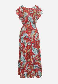 Born2be - Czerwona Bawełniana Sukienka Boho z Gumką w Talii i Wzorem Paisley Sirrelia. Kolor: czerwony. Materiał: bawełna. Wzór: paisley. Styl: boho #5