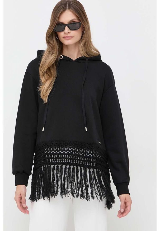 TwinSet - Twinset bluza damska kolor czarny z kapturem gładka. Typ kołnierza: kaptur. Kolor: czarny. Materiał: dzianina. Długość rękawa: długi rękaw. Długość: długie. Wzór: gładki