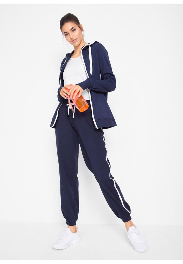 bonprix - Bluza rozpinana z bawełny ze stretchem. Typ kołnierza: kaptur, kołnierzyk stójkowy. Kolor: niebieski. Materiał: bawełna