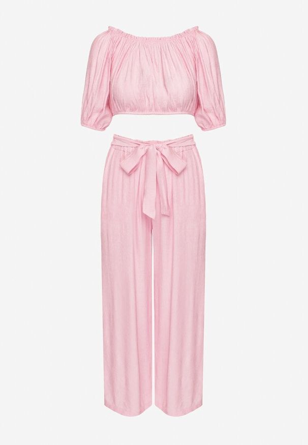 Born2be - Ciemnoróżowy Komplet Szerokie Spodnie i Bluzka z Bufiastymi Rękawami Idasela. Kolor: różowy. Materiał: jeans