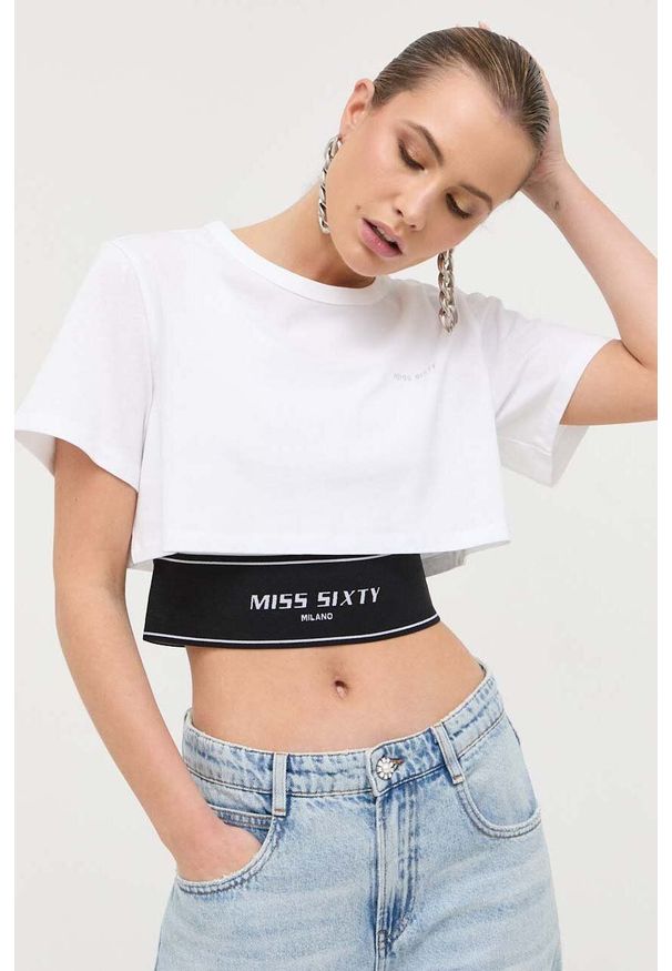 Miss Sixty t-shirt damski kolor beżowy. Kolor: beżowy. Wzór: aplikacja. Styl: klasyczny