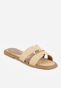 Renee - Ciemnobeżowe Plecione Klapki z Metaliczną Ozdobą i Wycięciami Eledeia. Kolor: beżowy. Materiał: jeans. Wzór: aplikacja. Sezon: lato. Styl: boho #3