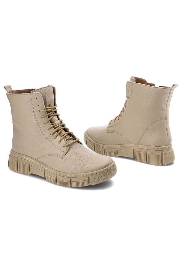 Beżowe Trzewiki Wasak Ocieplane Skórzane Buty Damskie. Kolor: beżowy. Materiał: skóra. Szerokość cholewki: normalna. Wzór: grochy. Obcas: na obcasie. Styl: elegancki. Wysokość obcasa: średni