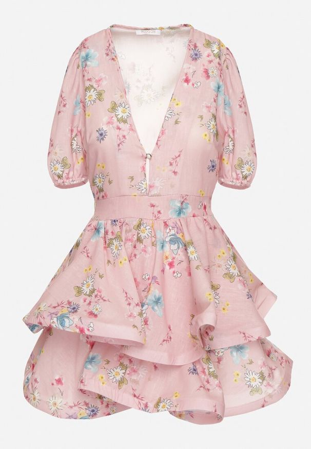 Born2be - Różowa Bawełniana Sukienka w Kwiaty o Rozkloszowanym Kroju z Falbankami Norittia. Okazja: na co dzień. Typ kołnierza: kołnierz z falbankami. Kolor: różowy. Materiał: bawełna. Długość rękawa: krótki rękaw. Wzór: kwiaty. Styl: casual, elegancki