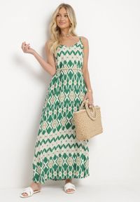 Born2be - Zielona Wiskozowa Sukienka na Regulowanych Ramiączkach o Geometrycznym Wzorze Vididia. Okazja: na co dzień, na plażę. Kolor: zielony. Materiał: wiskoza. Długość rękawa: na ramiączkach. Wzór: geometria. Styl: klasyczny, casual, wakacyjny #6
