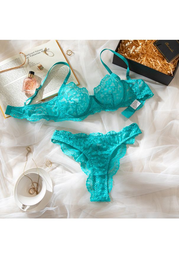 Intica - Komplet bielizny push-up z koronką Yanira. Kolor: niebieski. Materiał: koronka. Wzór: koronka