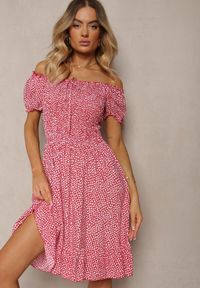 Renee - Czerwona Sukienka Midi o Fasonie Bawełnianej Hiszpanki Nairo. Okazja: na co dzień. Typ kołnierza: dekolt hiszpanka. Kolor: czerwony. Materiał: bawełna. Styl: casual, elegancki. Długość: midi