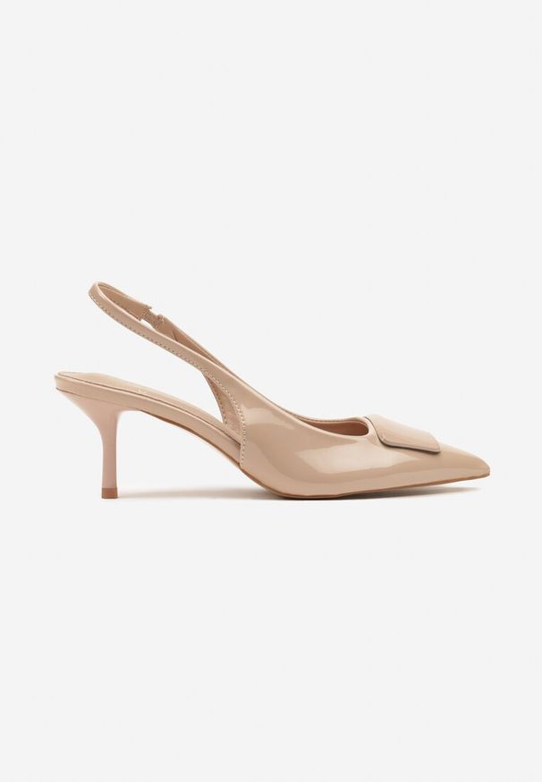 Renee - Beżowe Lakierowane Sandały Typu Slingback na Szpilce Kalivan. Okazja: na co dzień. Nosek buta: szpiczasty. Zapięcie: pasek. Kolor: beżowy. Materiał: lakier. Obcas: na szpilce. Styl: klasyczny, casual, elegancki